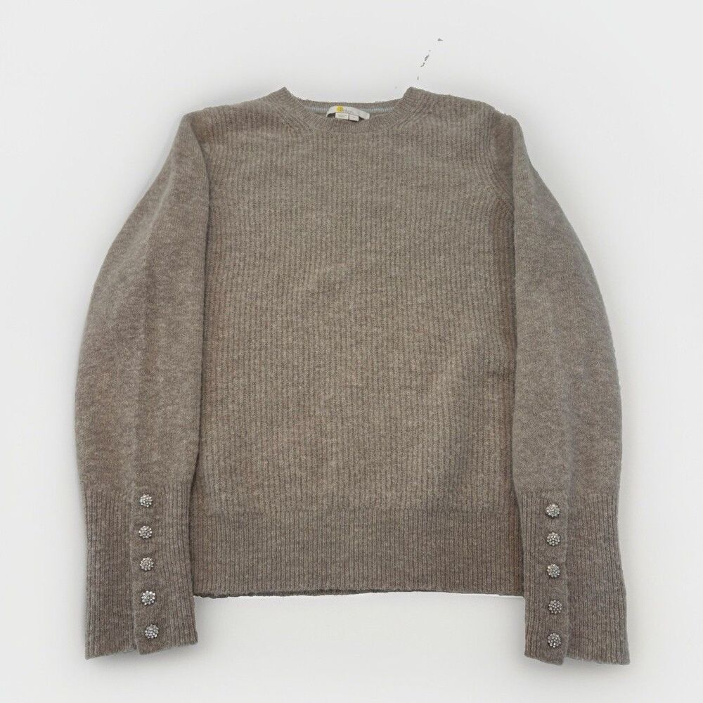Boden Sweater Womens Size Medium Beige Crewneck Alpaca Blend Ribbed Jewel Sleeve